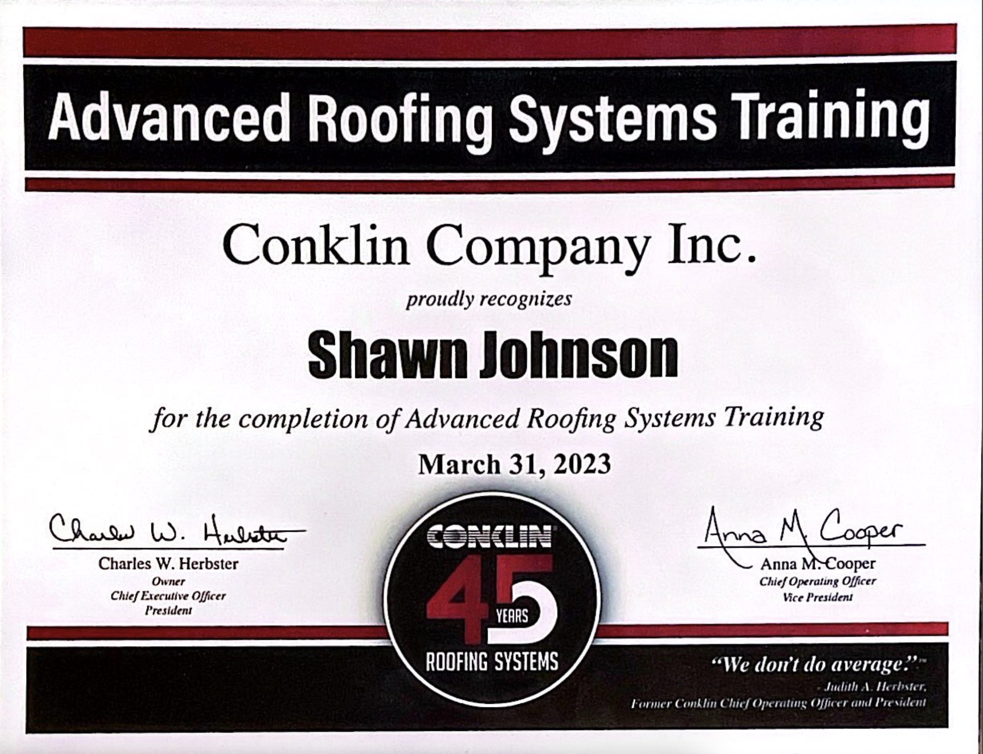 Conklin Advanced Roofing Systems Training certificate