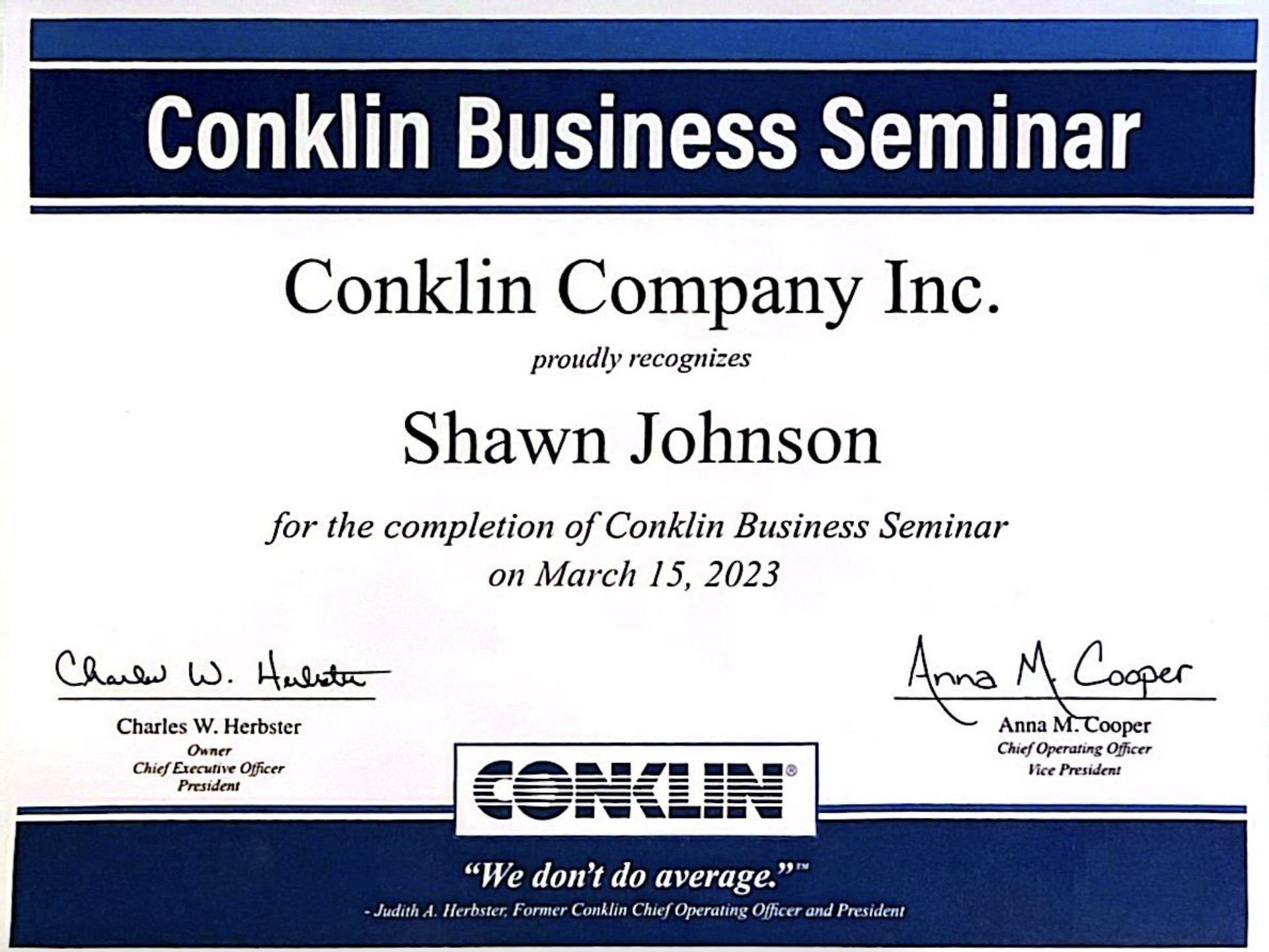 Conklin Business Seminar certificate