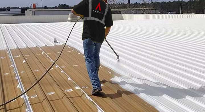 Metal roof restoration base coat application